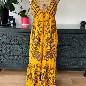 FARM Rio Yellow and Brown Floral Tie-Front Maxi Dress